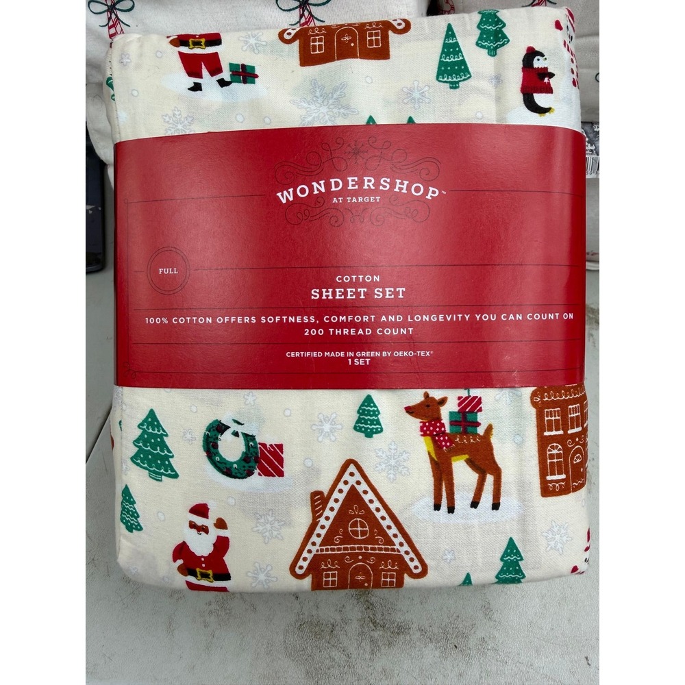 #153 Wondershop Full Cotton Christmas Sheet Set Holiday Santa Reindeer 4pc New